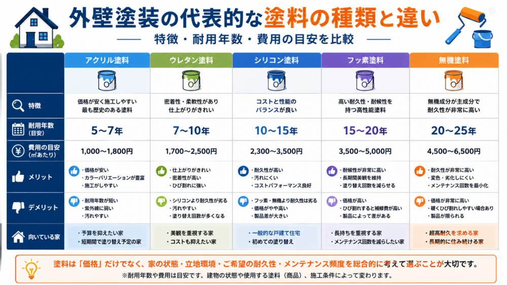 外壁塗装の代表的な塗料の種類と違い