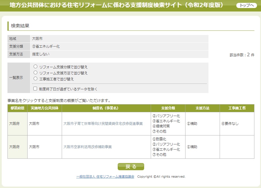 地方公共団体における住宅リフォームに係わる支援制度検索サイト大阪市検索結果