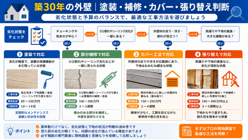 築30年の外壁|塗装・補修・カバー・張り替え判断