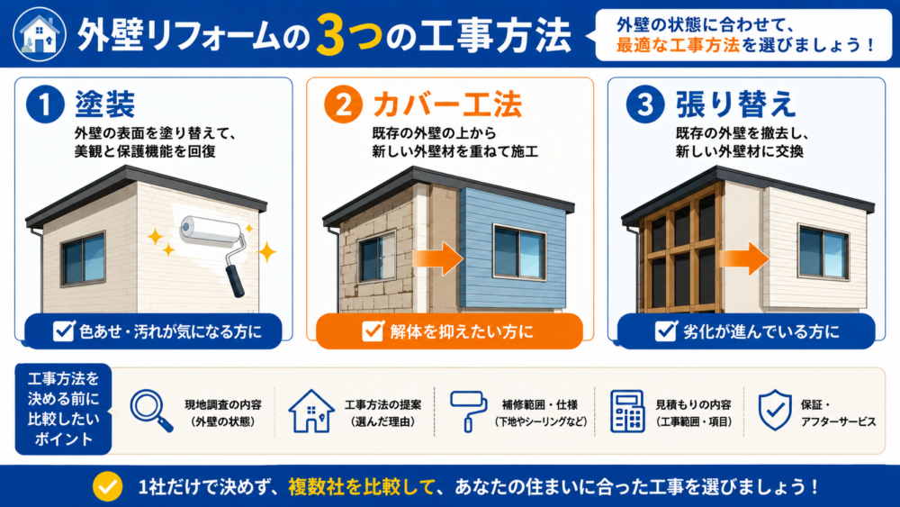 外壁リフォームの3つの工事方法|塗装・カバー工法・張り替え