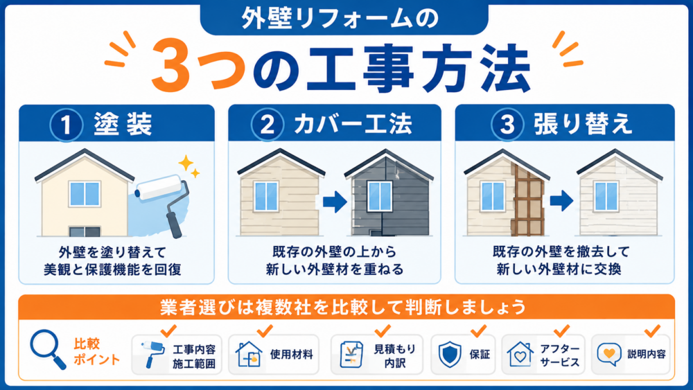 外壁リフォームの3つの工事方法｜塗装・カバー工法・張り替え