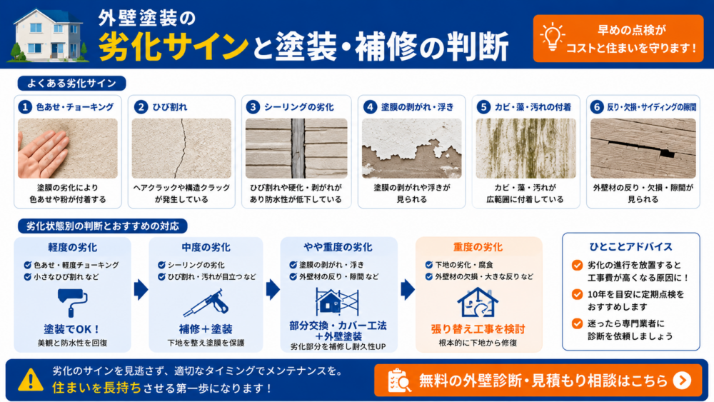 外壁塗装の劣化サインと塗装・補修の判断