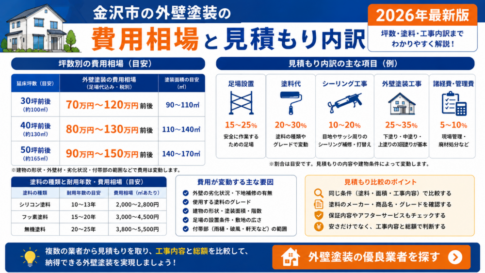 金沢市の外壁塗装の費用相場と見積もり内訳