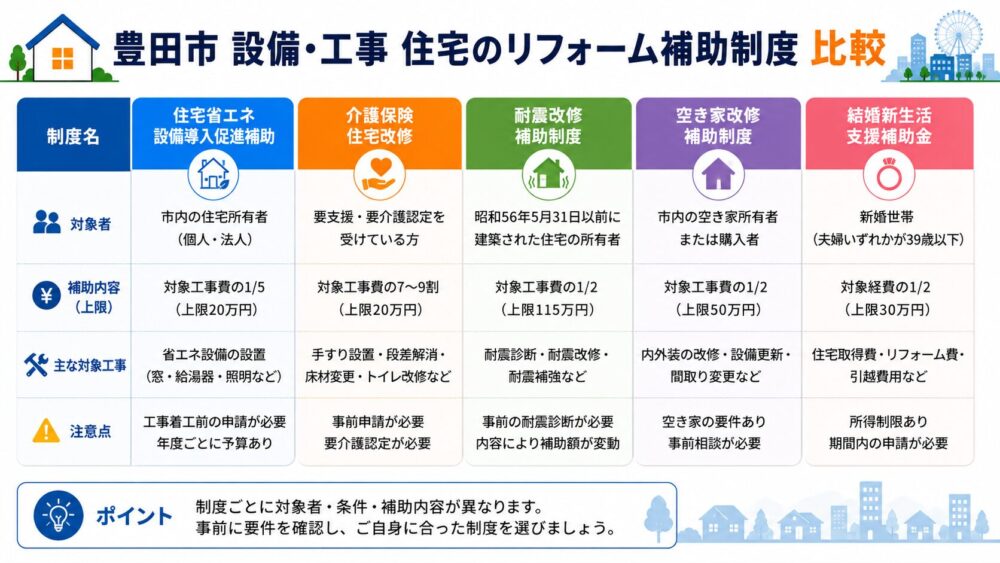 豊田市 設備・工事 住宅のリフォーム補助制度比較