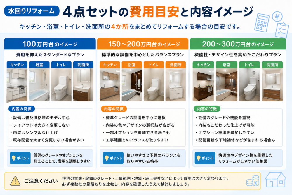 水回りリフォーム4点セットの費用目安と100万円台・150～200万円台・200～300万円台の内容比較