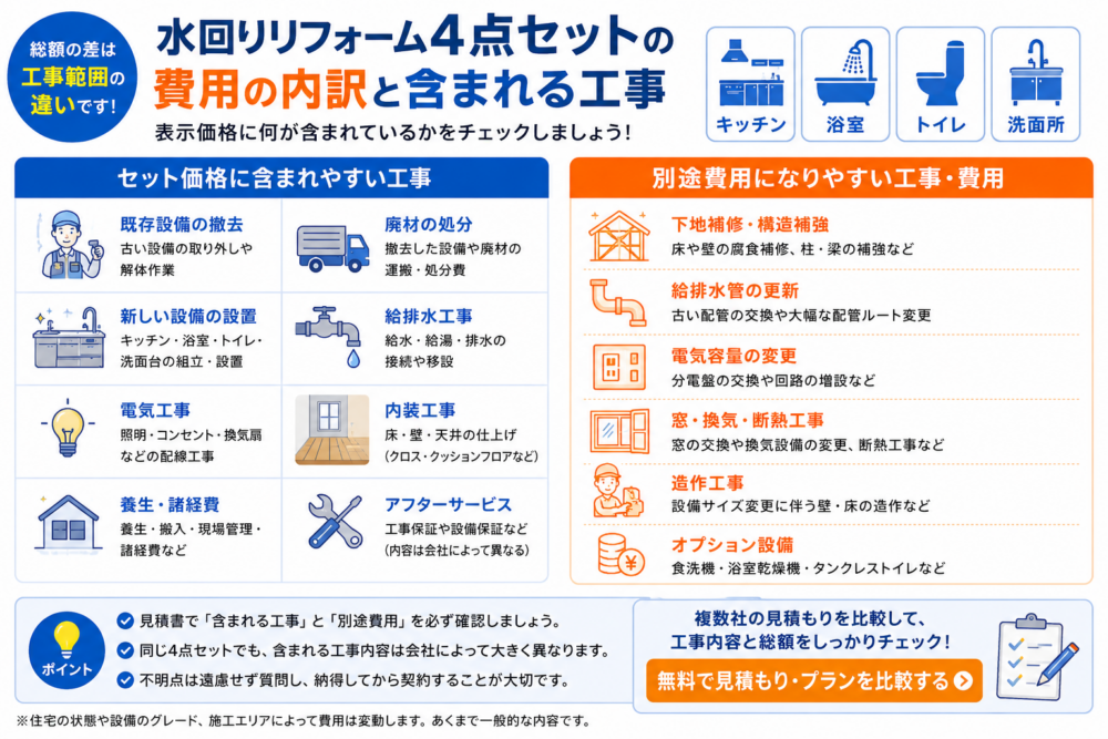 水回りリフォーム4点セットの費用内訳とセット価格に含まれやすい工事・別途費用