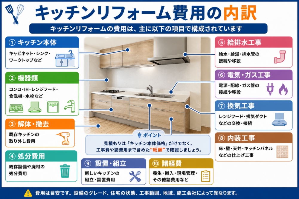 キッチンリフォーム費用の内訳とキッチン本体・設備・撤去・給排水・内装などの工事費