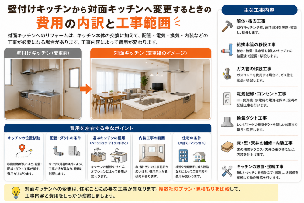 壁付けキッチンから対面キッチンへ変更するときの費用内訳と工事範囲