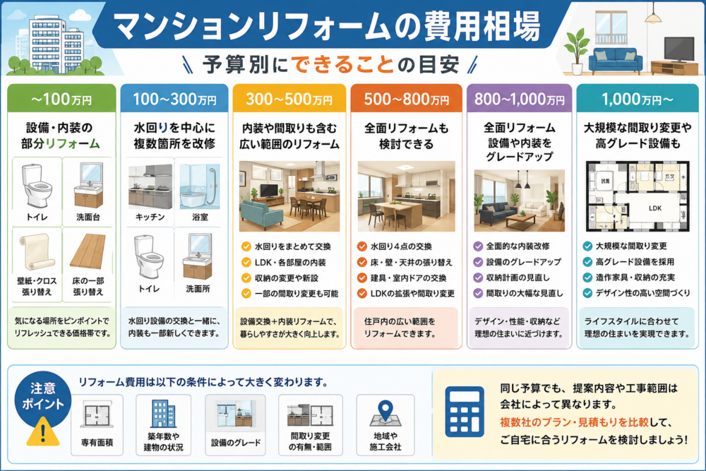 マンションリフォームの費用相場と予算別にできること