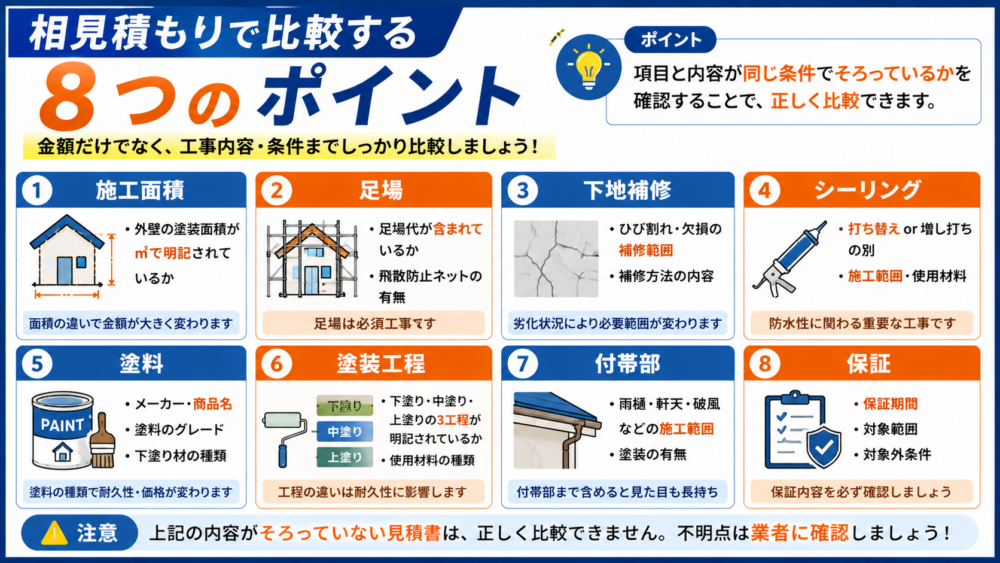 外壁塗装の相見積もりで比較する8つのポイント