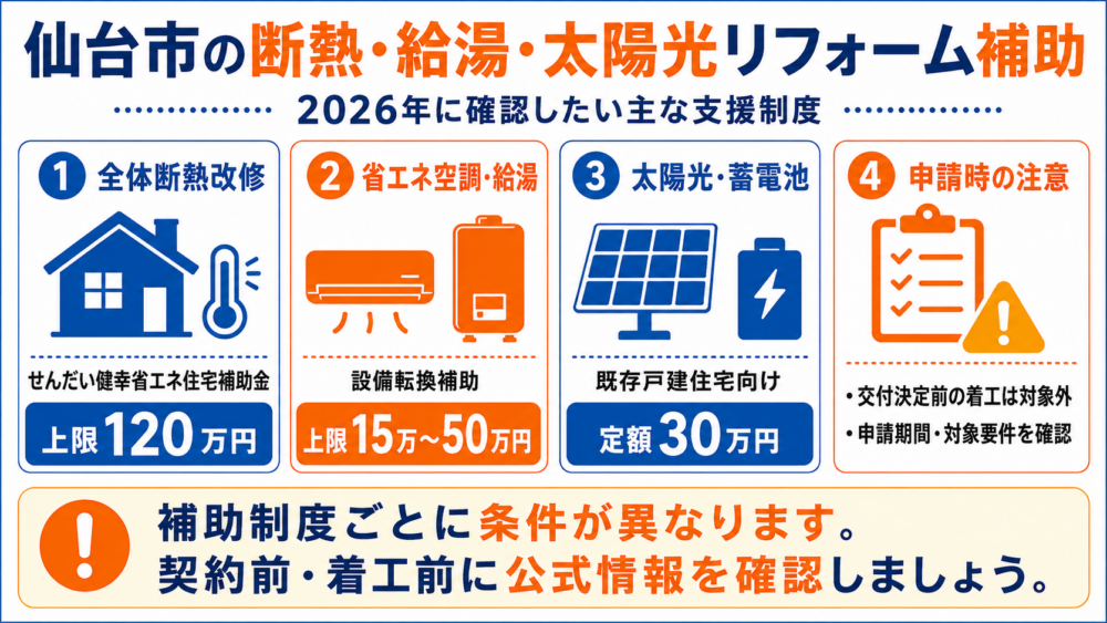 仙台市の断熱・給湯・太陽光リフォームで利用できる主な補助制度