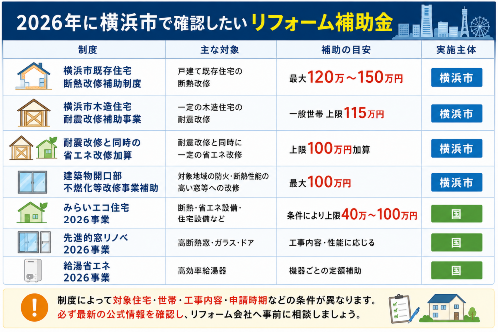 2026年に横浜市で確認したいリフォーム補助金の一覧