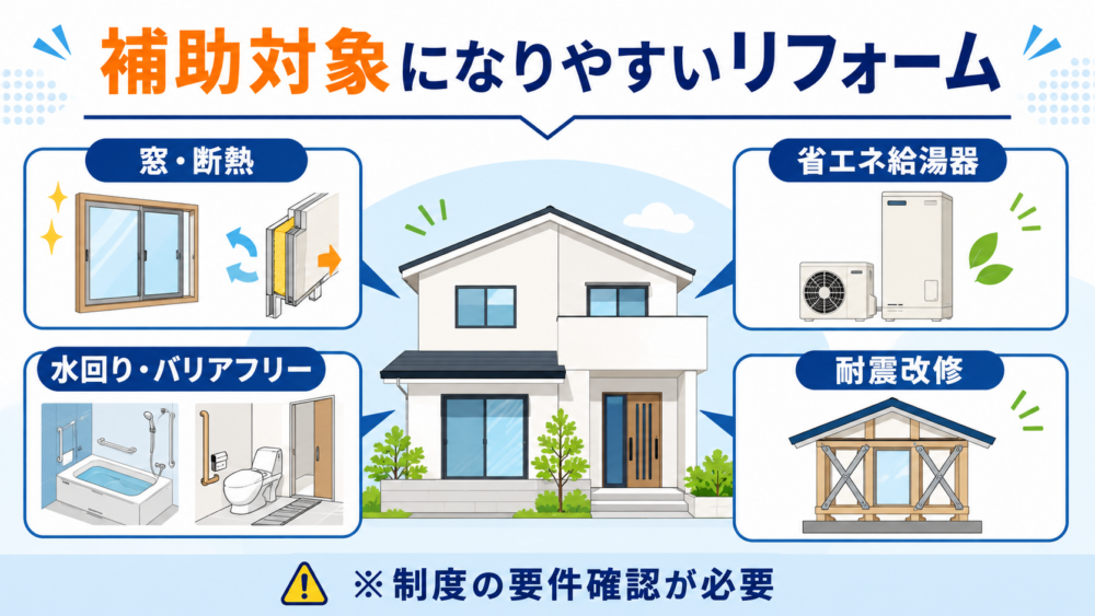 補助対象になりやすい窓・断熱・水回り・省エネ給湯器・耐震改修