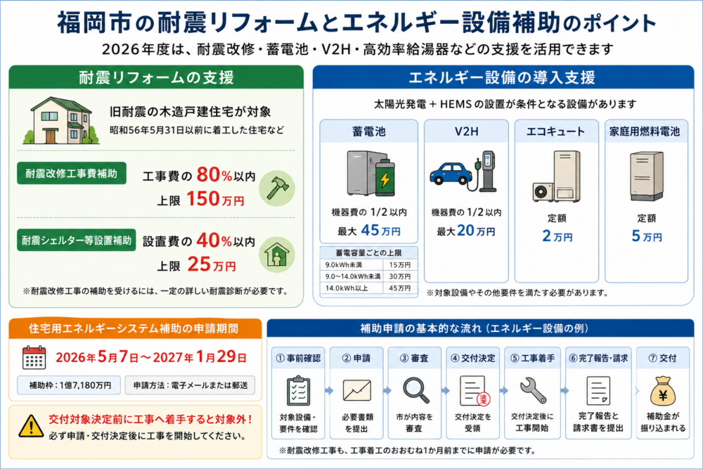 福岡市の耐震リフォームと蓄電池・V2H・省エネ設備の補助内容
