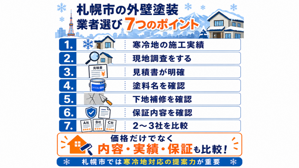 札幌市の外壁塗装業者選び7つのポイント 寒冷地施工実績・現地調査・見積書・塗料・下地補修・保証・相見積もり