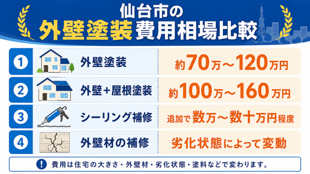 仙台市の外壁塗装費用相場 外壁塗装・外壁と屋根塗装・シーリング補修・外壁材補修の目安