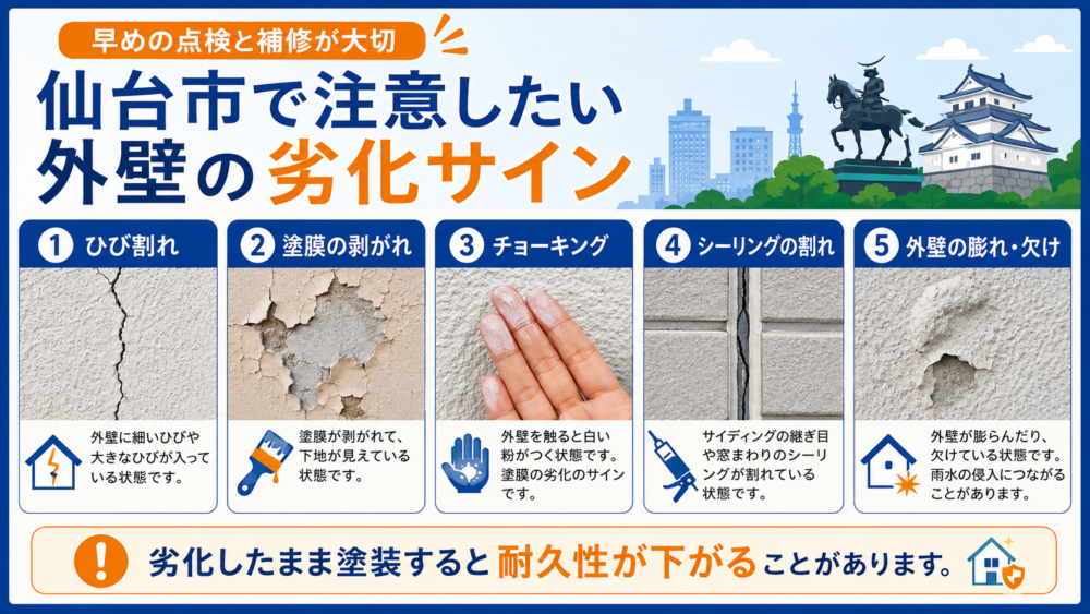 仙台市で注意したい外壁の劣化サイン ひび割れ・塗膜の剥がれ・チョーキング・シーリングの割れ・外壁の膨れや欠け