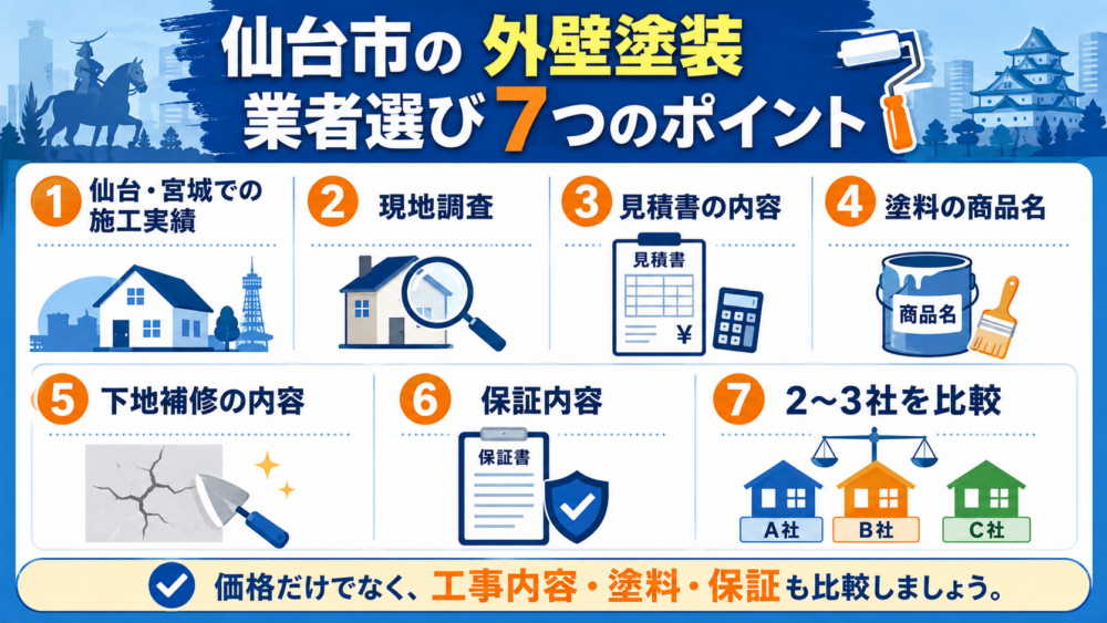 仙台市の外壁塗装業者選び7つのポイント 施工実績・現地調査・見積書・塗料・下地補修・保証・相見積もり