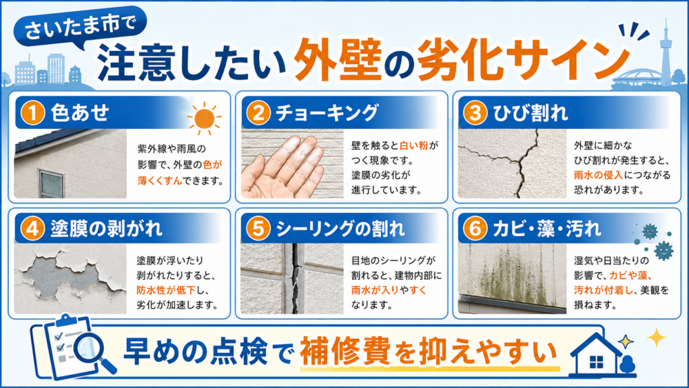 さいたま市で注意したい外壁の劣化サイン 色あせ・チョーキング・ひび割れ・塗膜の剥がれ・シーリングの割れ・カビや藻