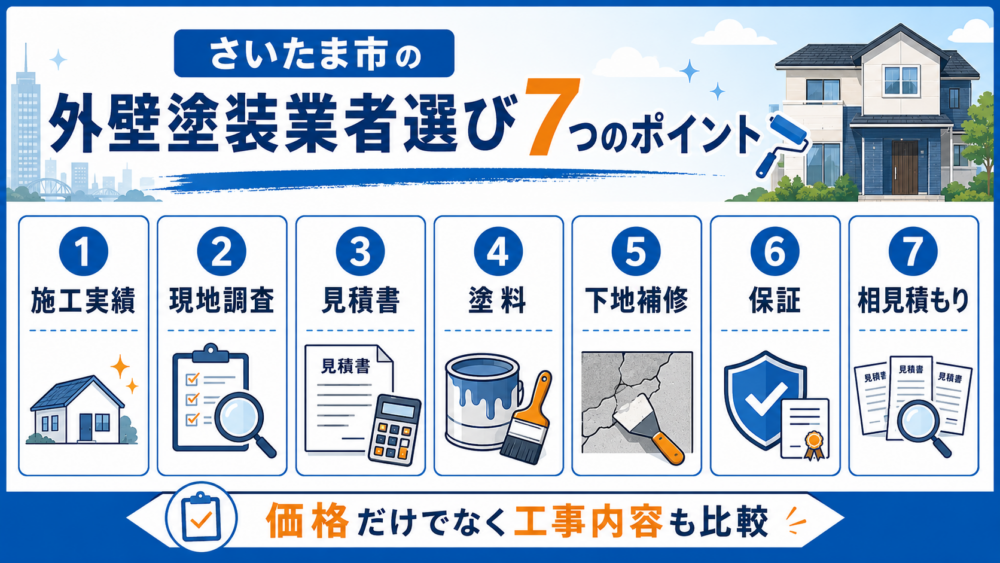 さいたま市の外壁塗装業者選び7つのポイント 施工実績・現地調査・見積書・塗料・下地補修・保証・相見積もり