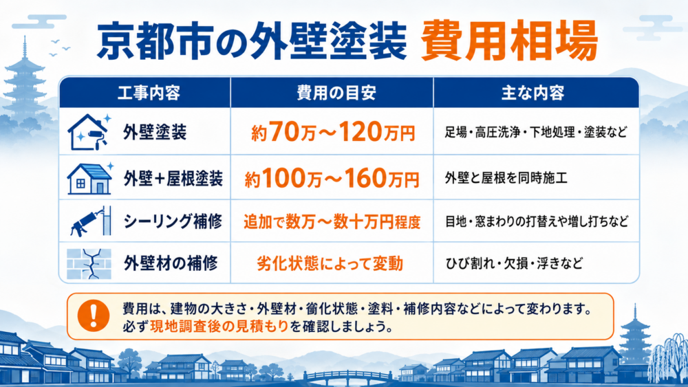 京都市の外壁塗装費用相場 外壁塗装・外壁と屋根塗装・シーリング補修・外壁材補修の費用目安