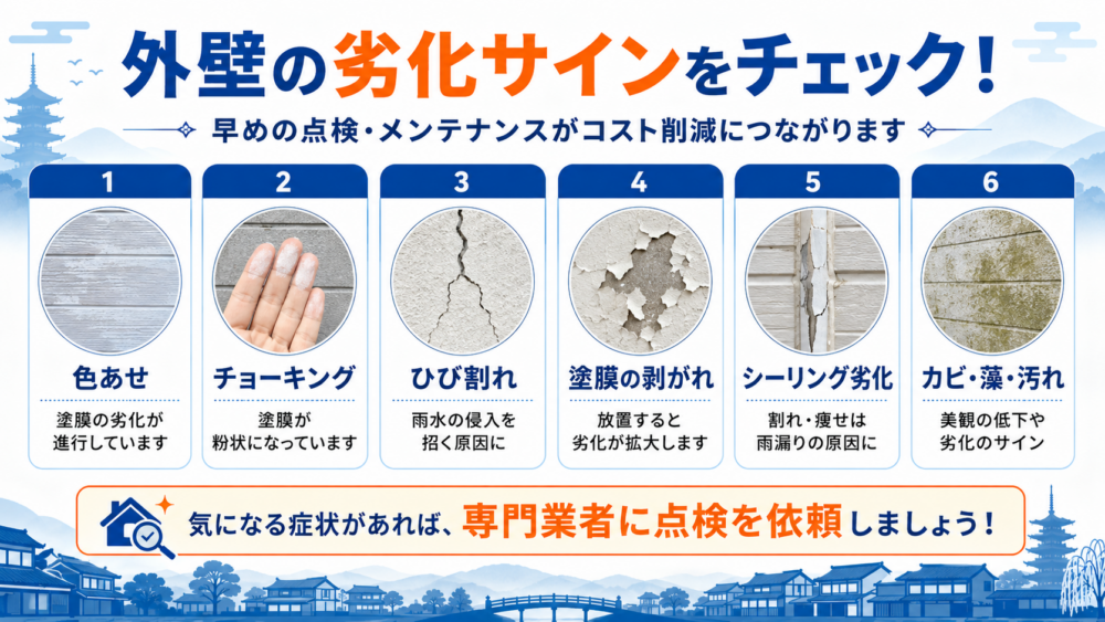 京都市で注意したい外壁の劣化サイン 色あせ・チョーキング・ひび割れ・塗膜の剥がれ・シーリング劣化・カビや藻