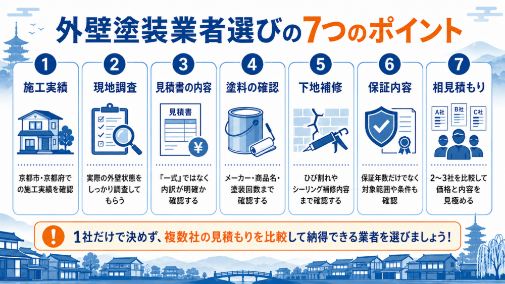 京都市の外壁塗装業者選び7つのポイント 施工実績・現地調査・見積書・塗料・下地補修・保証・相見積もり