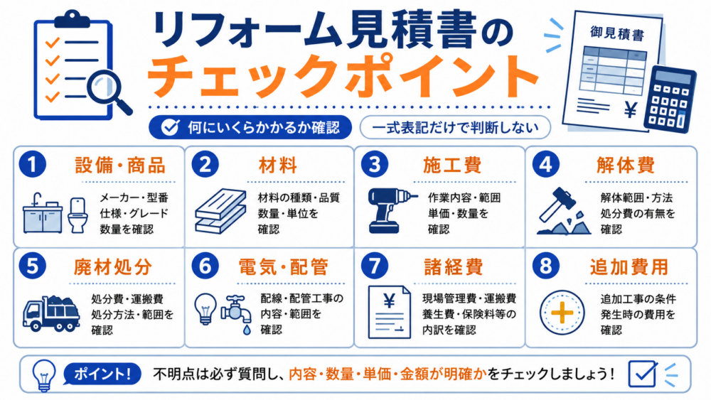 リフォーム見積書のチェックポイント 設備・材料・施工費・解体費・廃材処分・電気配管・諸経費・追加費用