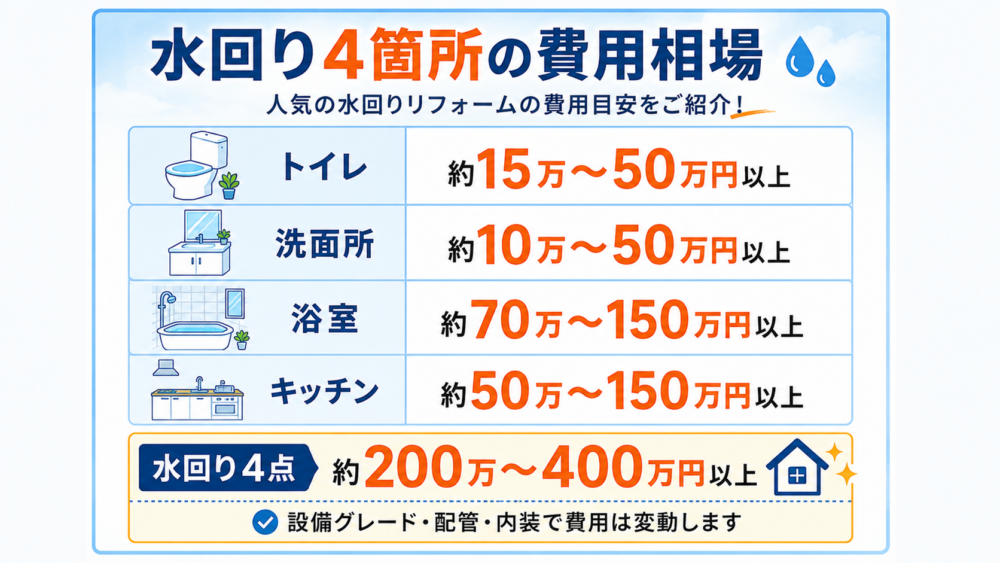 水回り4箇所の費用相場 トイレ・洗面所・浴室・キッチンと水回り4点セットの費用目安
