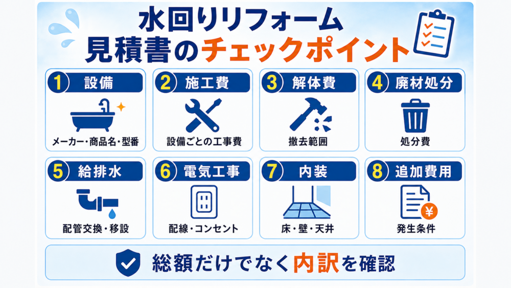 水回りリフォーム見積書のチェックポイント 設備・施工費・解体費・廃材処分・給排水・電気工事・内装・追加費用