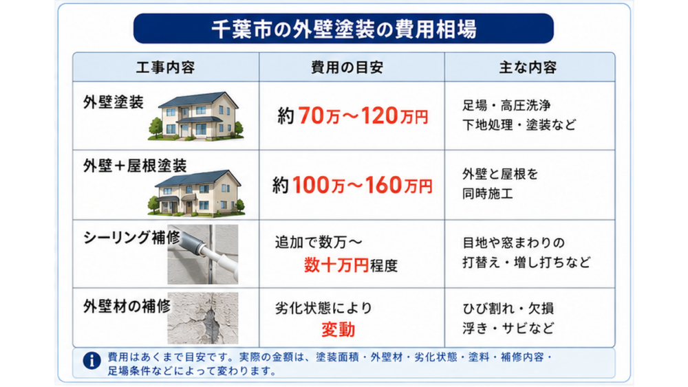 千葉市の外壁塗装費用相場 外壁塗装・外壁と屋根塗装・シーリング補修・外壁材補修の目安