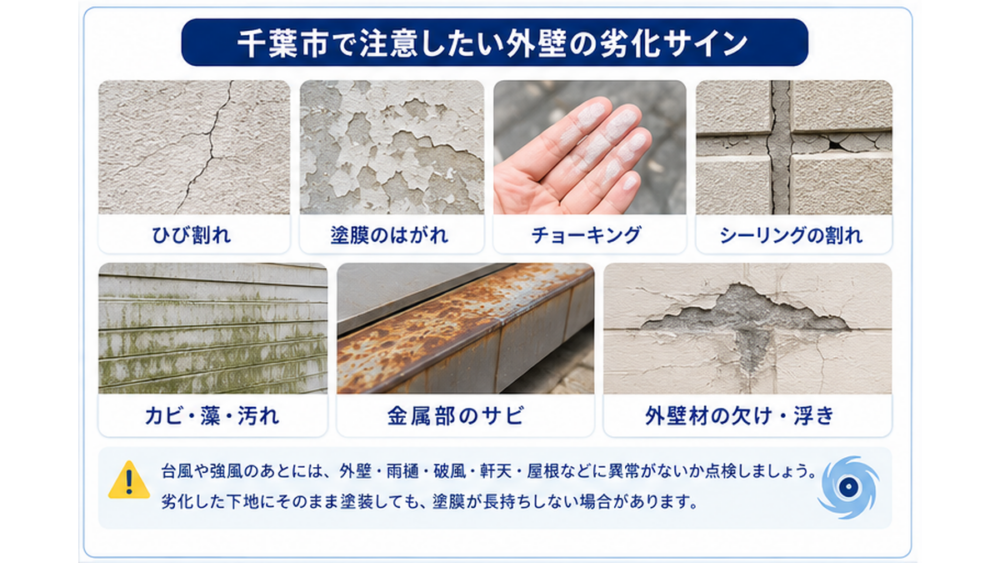 千葉市で注意したい外壁の劣化サイン ひび割れ・塗膜の剥がれ・チョーキング・シーリングの割れ・カビ・サビ・外壁材の浮きや欠け