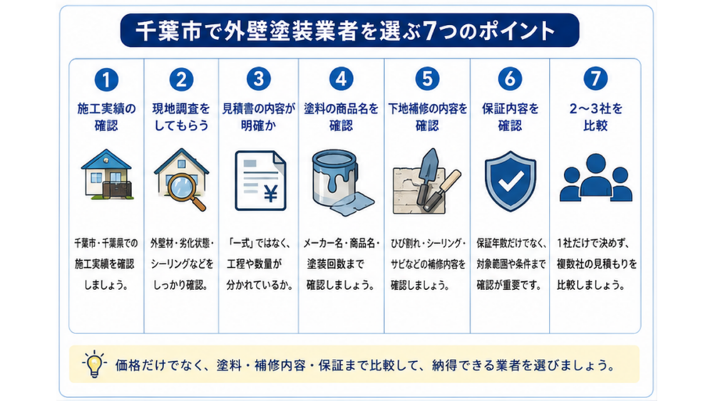 千葉市の外壁塗装業者選び7つのポイント 施工実績・現地調査・見積書・塗料・下地補修・保証・相見積もり