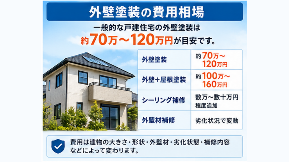 外壁塗装の費用相場 外壁塗装約70万〜120万円 外壁と屋根塗装約100万〜160万円の目安