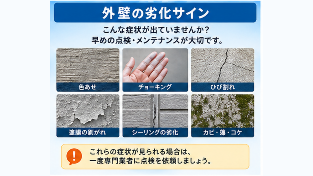 外壁塗装を検討したい劣化サイン 色あせ・チョーキング・ひび割れ・塗膜剥がれ・シーリング劣化・カビや藻