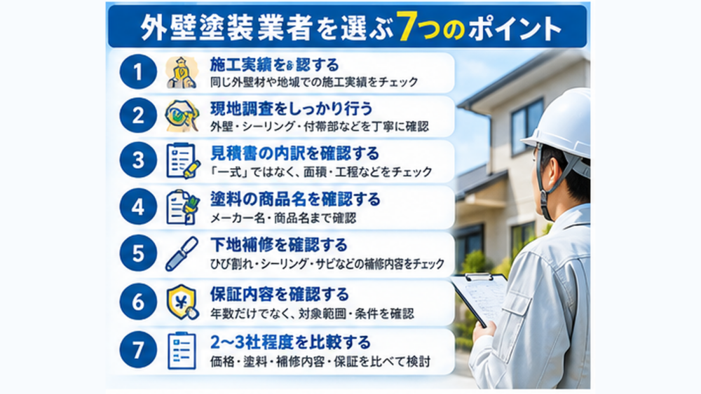 外壁塗装業者を選ぶ7つのポイント 施工実績・現地調査・見積書・塗料・下地補修・保証・相見積もり