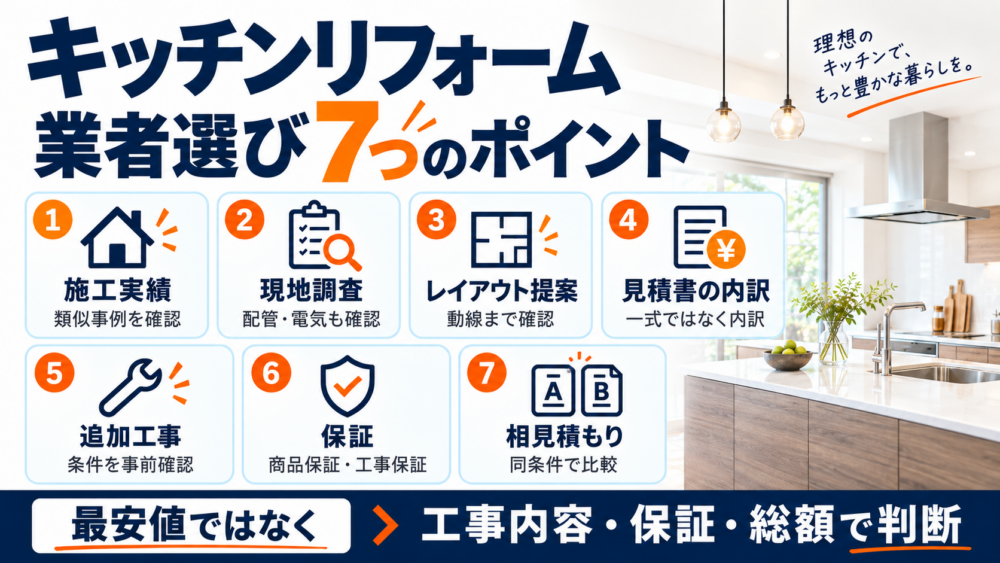 キッチンリフォーム業者選びで確認したい7つのポイントをまとめた図解