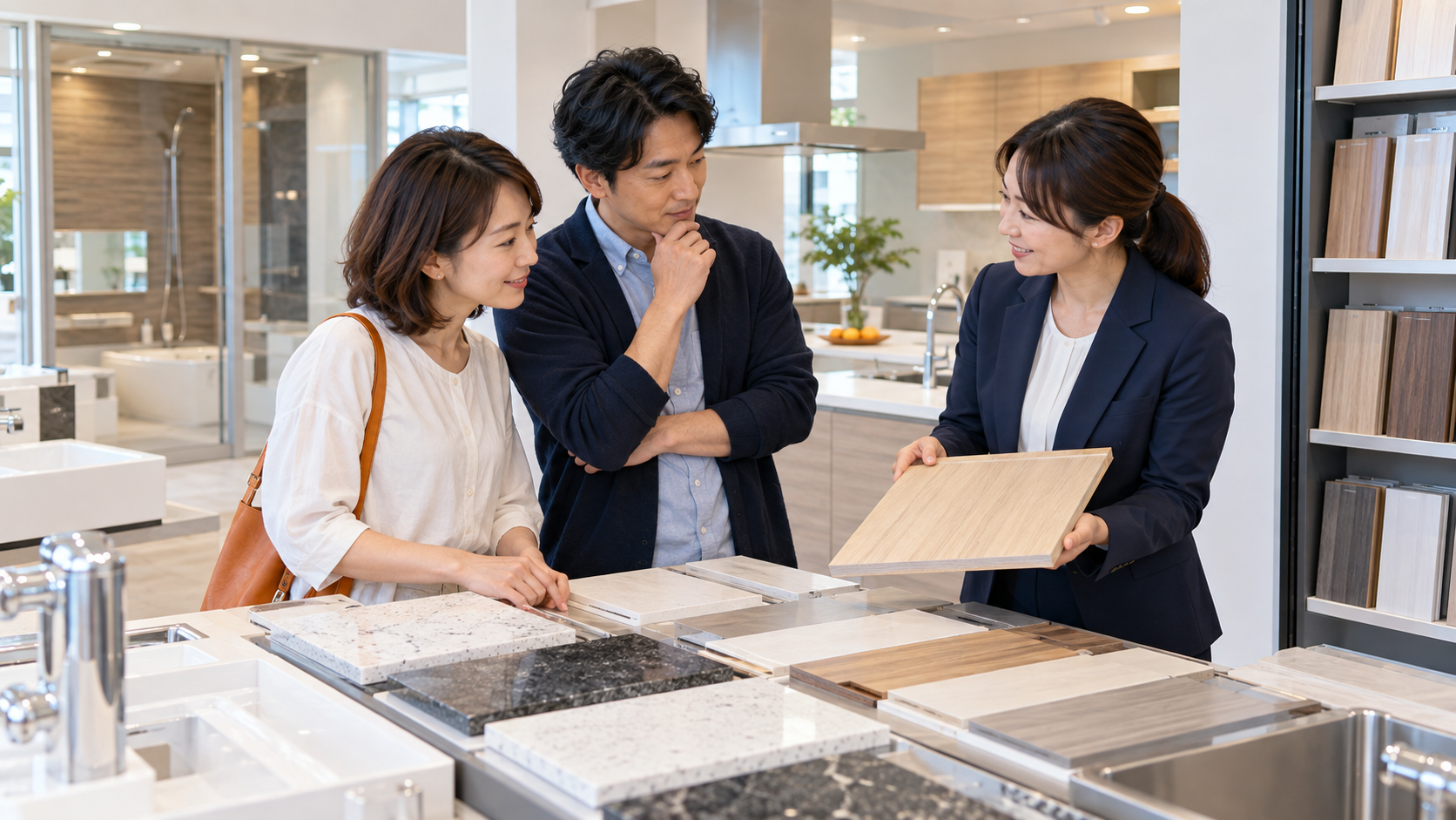 さいたま市でリフォーム担当者に間取り図を見せて相談する夫婦