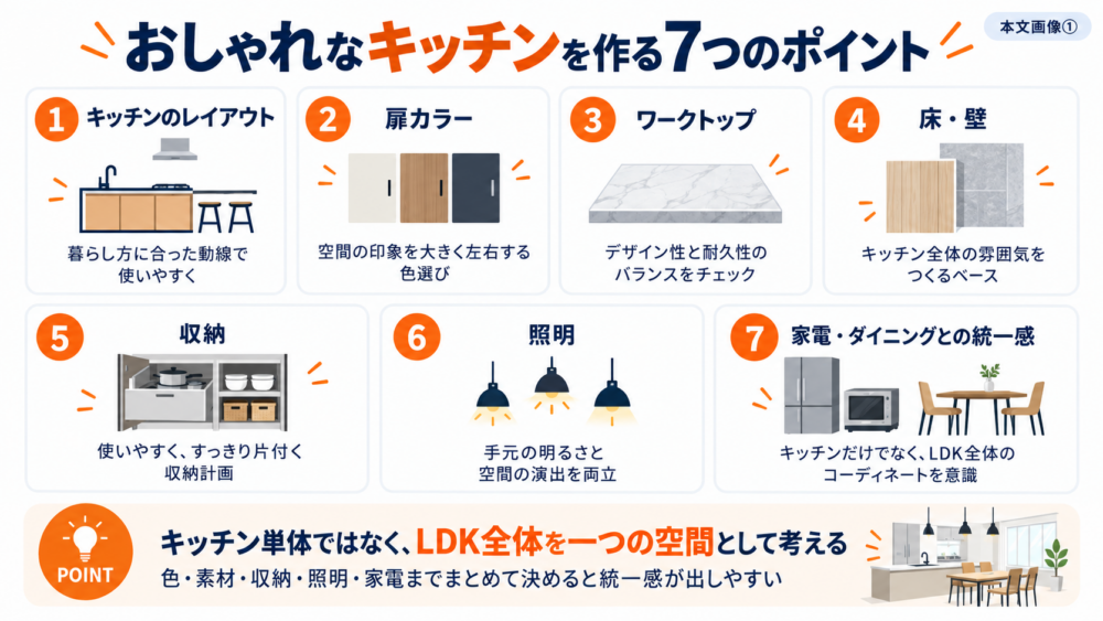 おしゃれなキッチンを作る7つのポイントをレイアウト・扉カラー・ワークトップ・床・壁・収納・照明・家電で解説した図解