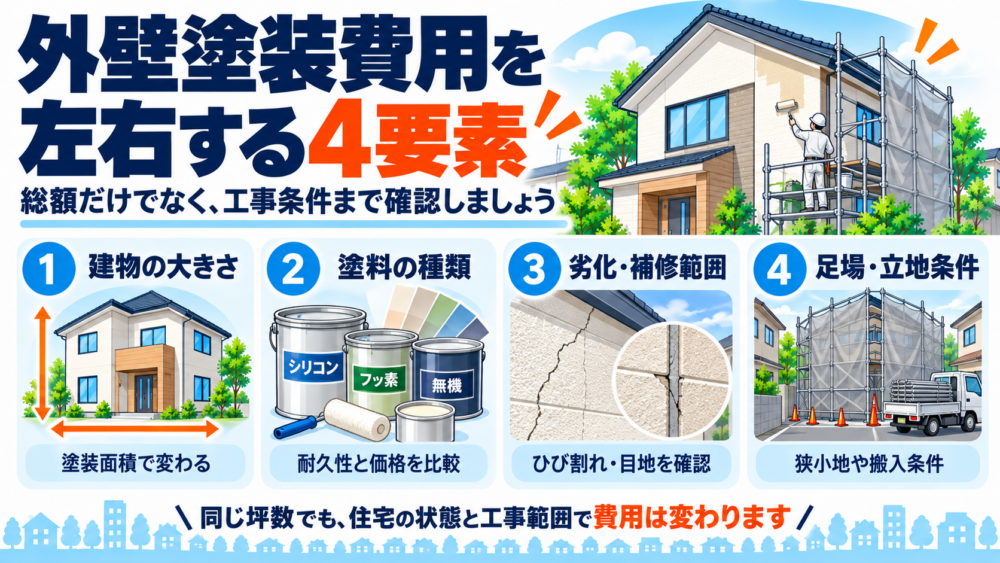 外壁塗装費用を左右する建物の大きさ・塗料・補修範囲・足場条件の図解