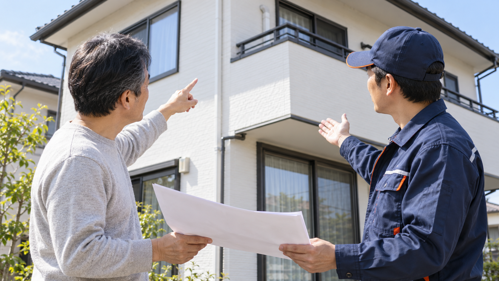 外壁塗装の着工前に、施主と施工会社が窓やベランダの養生について確認する様子