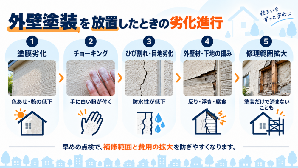 外壁塗装を放置したときの劣化進行を、塗膜劣化・チョーキング・ひび割れ・外壁材や下地の傷み・修理範囲拡大の5段階で示した図解