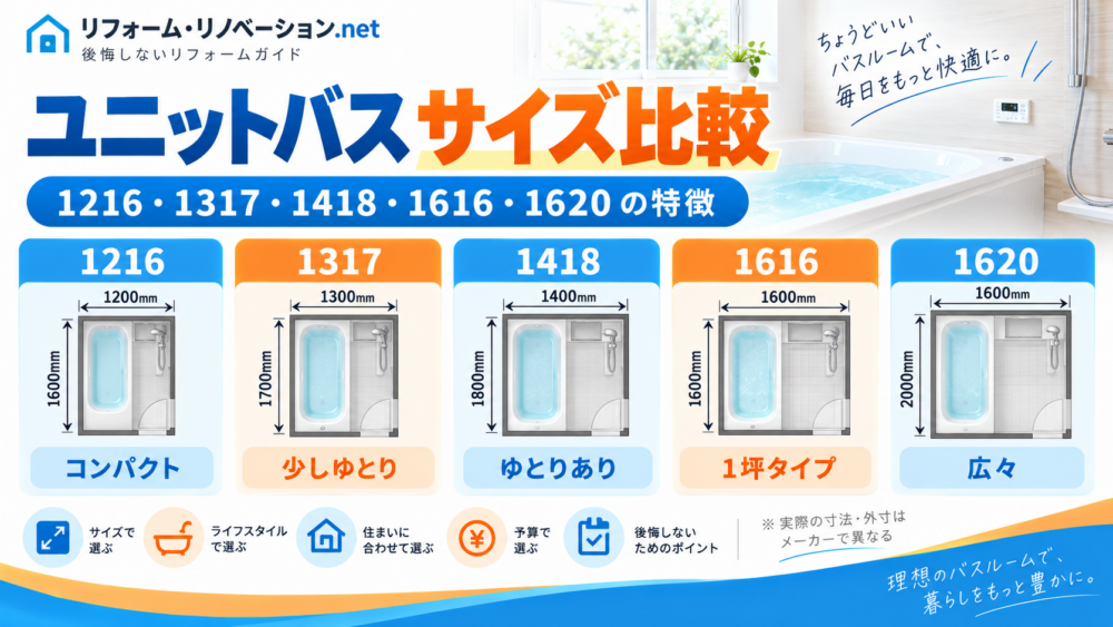 ユニットバスの1216・1317・1418・1616・1620サイズを比較した図解