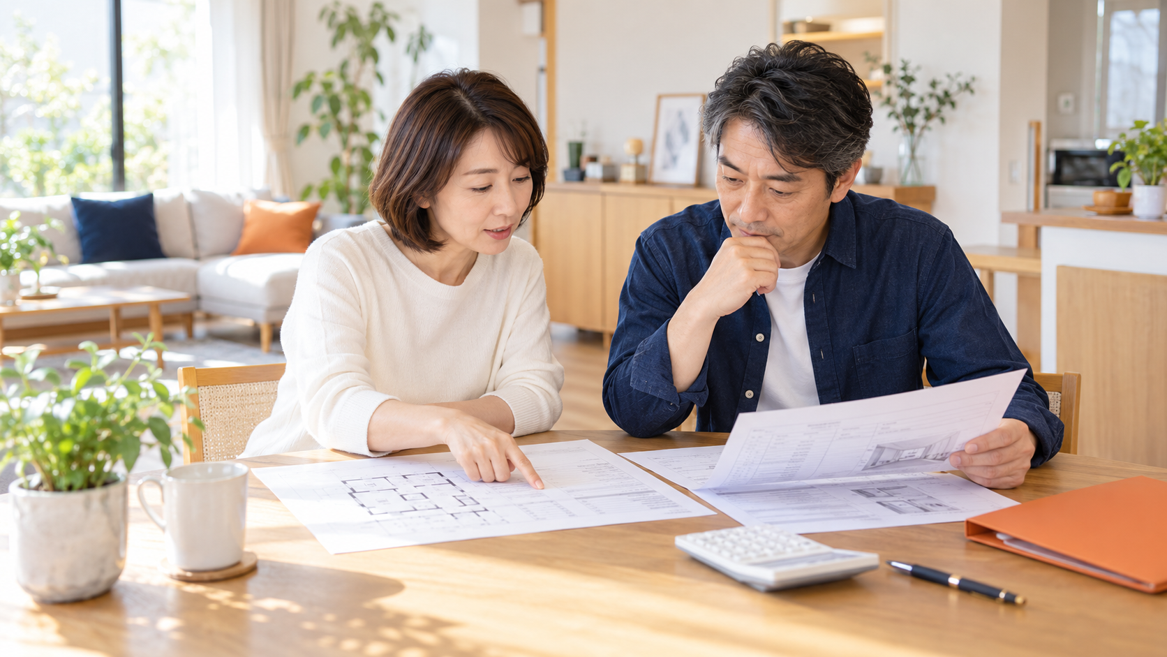 自宅で間取り図と見積書を見ながらリフォームの希望や予算を確認する夫婦