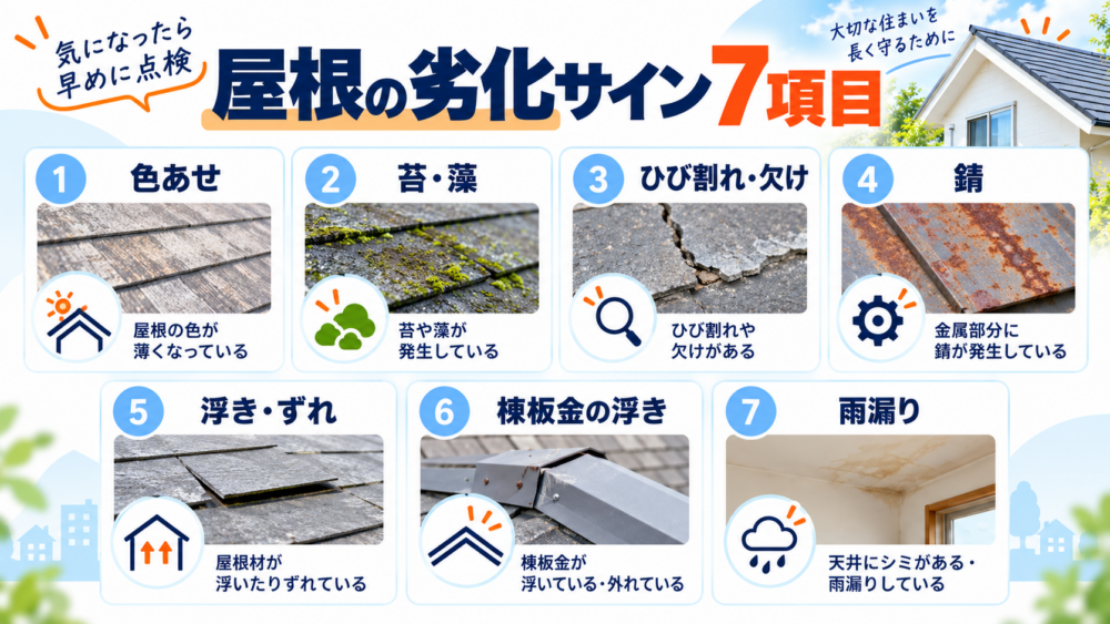 屋根の劣化サイン7項目を、色あせ・苔や藻・ひび割れや欠け・錆・浮きやずれ・棟板金の浮き・雨漏りで整理した図解