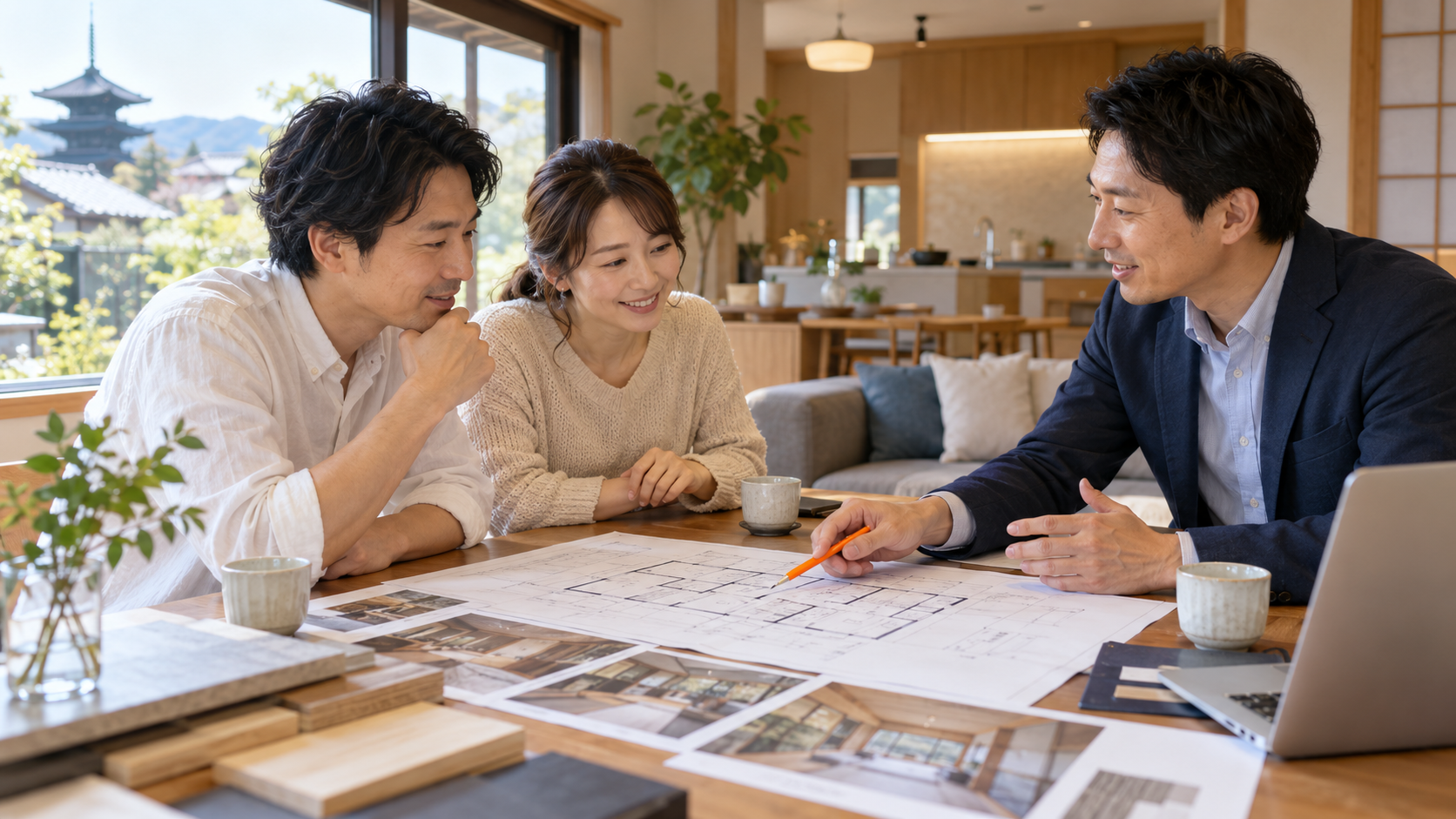 京都市の住宅で間取り図を見ながらリフォーム会社の担当者に相談する夫婦