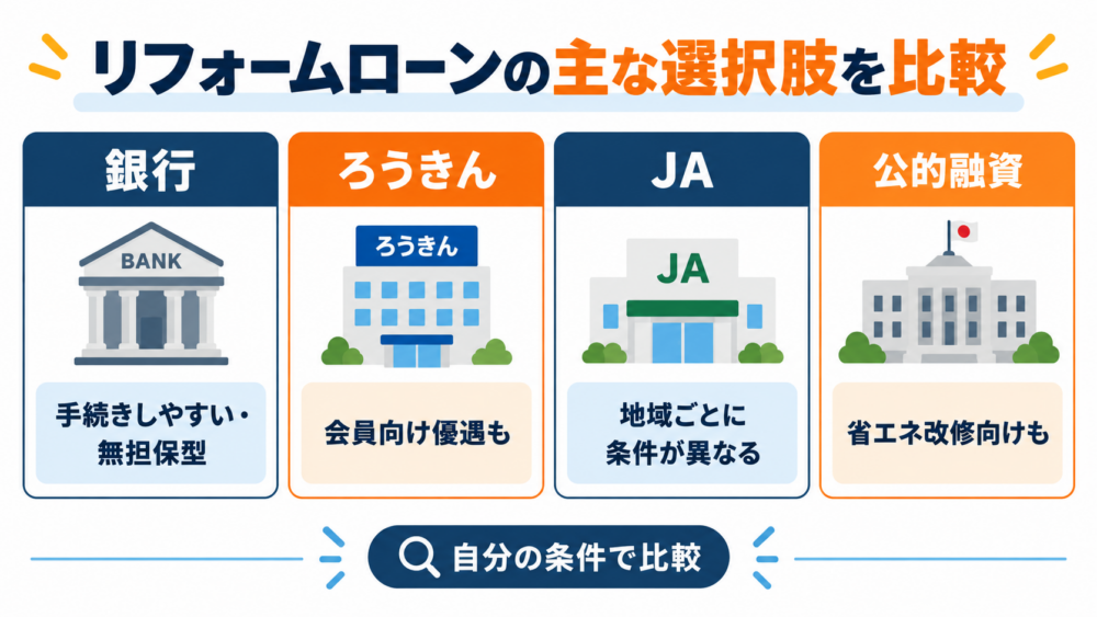 リフォームローンの主な選択肢として銀行・ろうきん・JA・公的融資の特徴と向いているケースを比較した図解