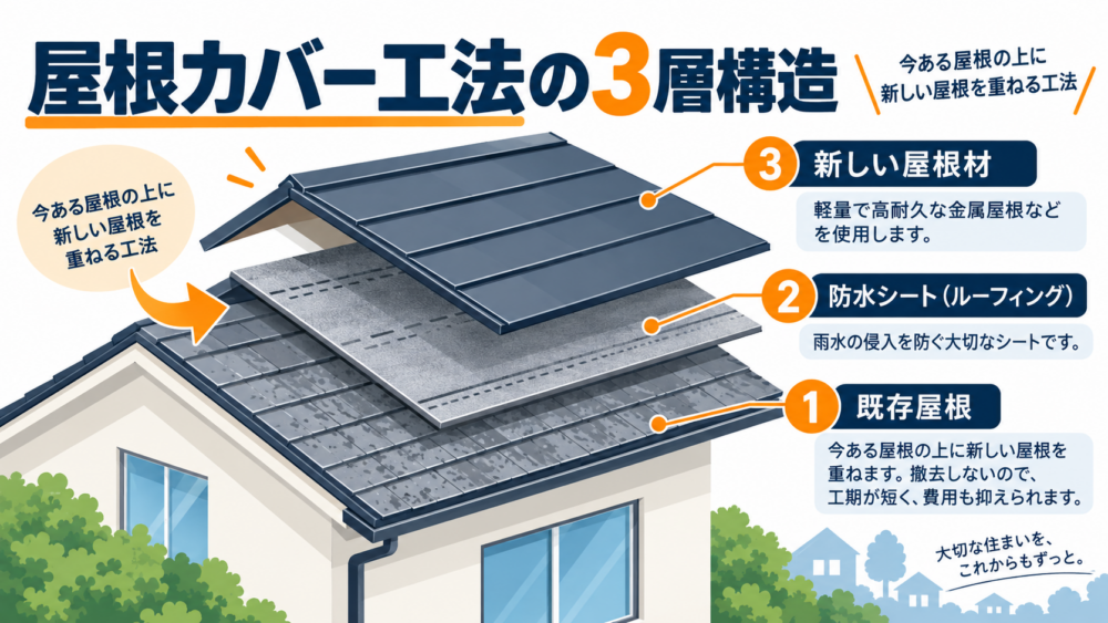 屋根カバー工法の既存屋根・防水シート・新しい屋根材の3層構造