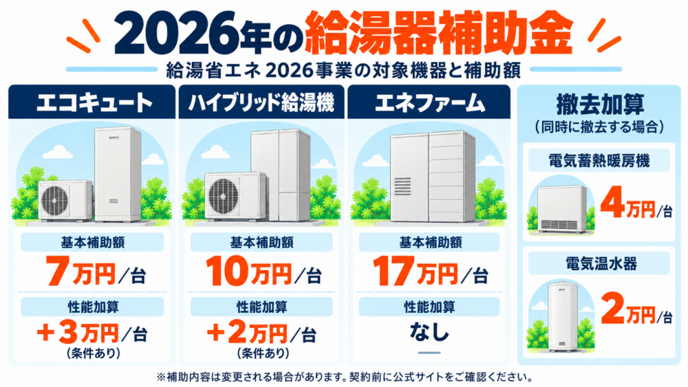 給湯省エネ2026事業のエコキュート・ハイブリッド給湯機・エネファームの補助額と撤去加算を比較した図解