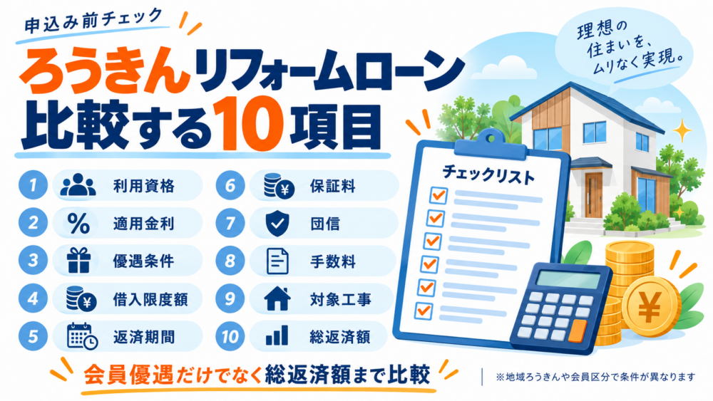ろうきんリフォームローン比較で確認したい利用資格・適用金利・優遇条件・借入限度額・返済期間・保証料・団信・手数料・対象工事・総返済額の10項目をまとめた図解